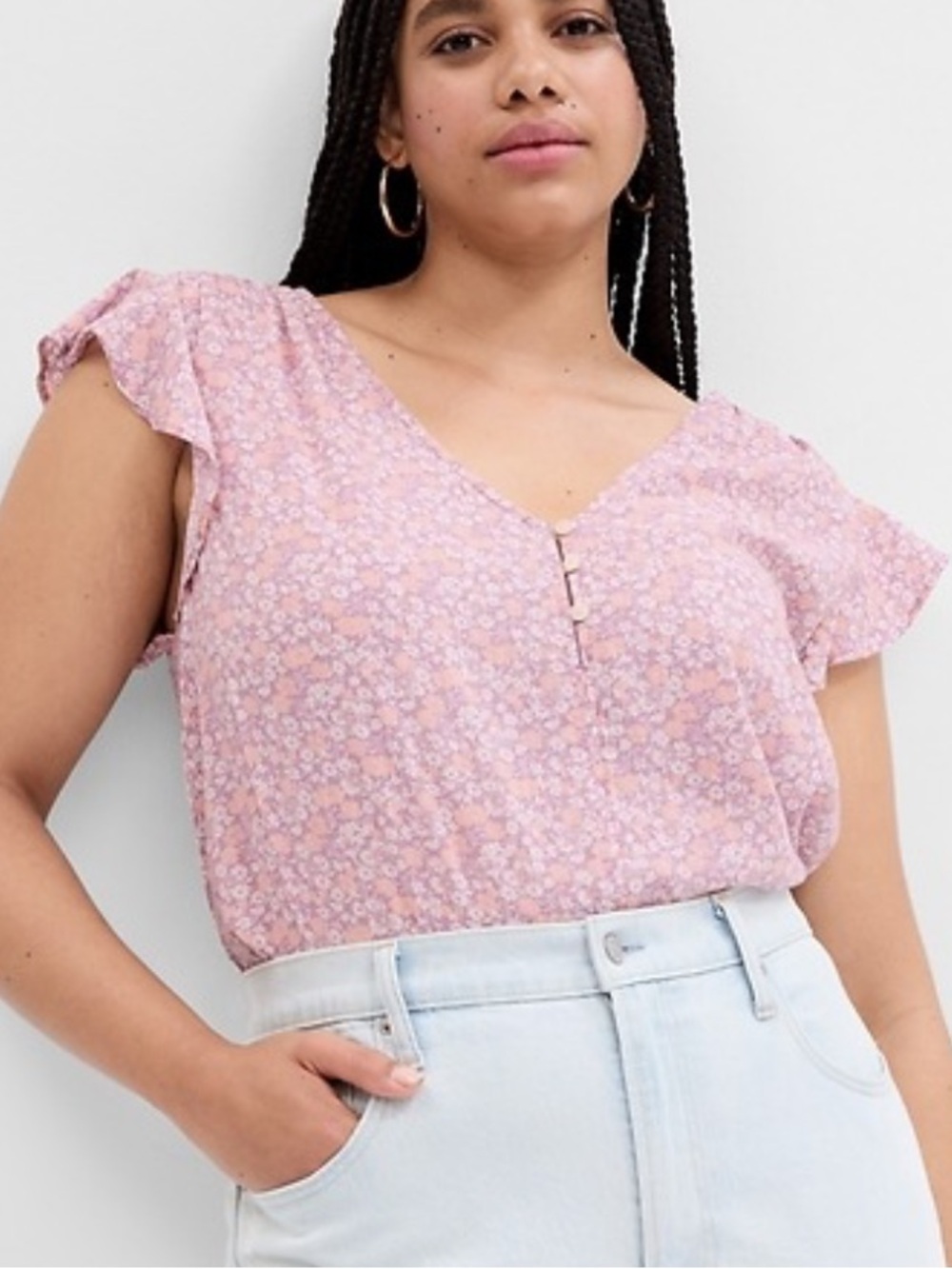 Gap V-Neck Flutter Sleeve Purple Floral Print Top Size XXL.
